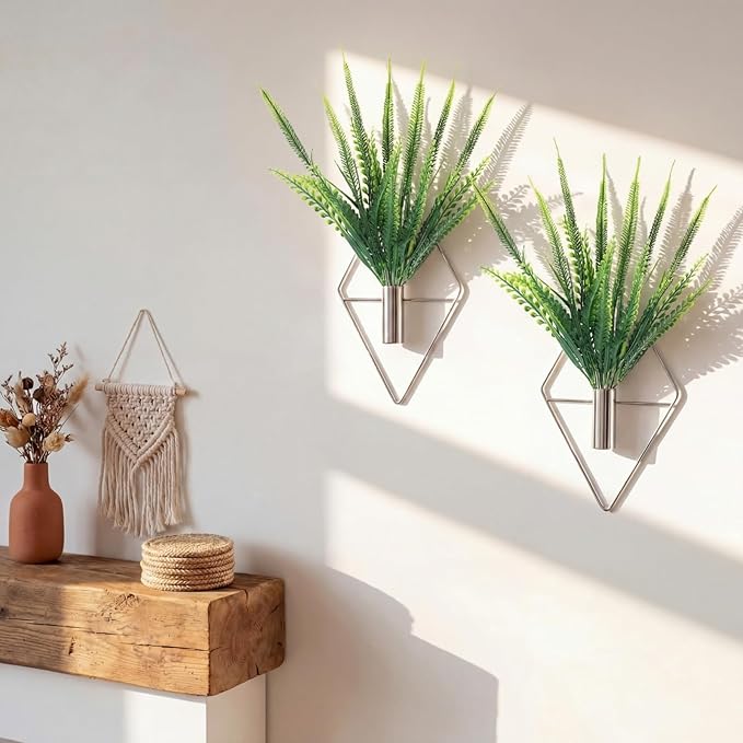 Canlierr 2 Pieces Wall Decor Hanging Planters with Artificial Plants Metal Hanging Vase Indoor Plants Holder Modern Boho Wall Art for Bathroom Bedroom Living Room Decor(Silver,Boston Fern) by Canlierr
