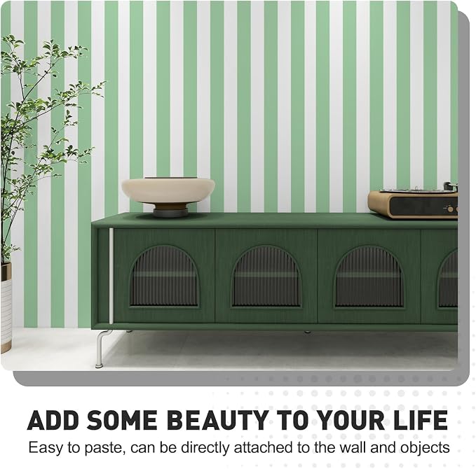 Green and White Striped Wallpaper Peel and Stick Wallpaper Self-Adhesive Removable Waterproof Wall Paper for Walls Modern Vinyl Film 17.3”x480” - Image 8