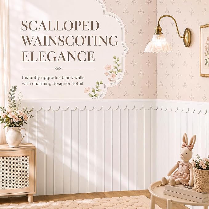 Nuanchu 1 Sets 37.8" x 118" Scalloped Wainscoting Wall Panel Kit Decor | 12 Board and Batten Paintable Accent Wall Panel, Pre Cut Beadboard with 4 Top Rail 4 Decorative Scallop Trim, Nursery Bedroom - Image 4