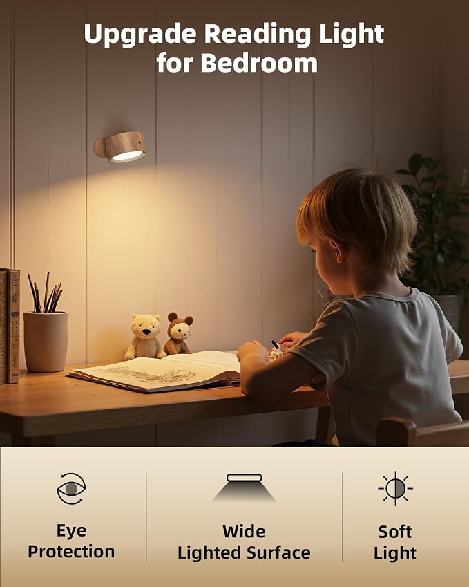 Rechargeable Wall Sconces with Remote, Magnetic Wall Lights, Wood 2 Pack | 3 Color Temperatures, Remote and Touch Control, 360° Rotating and Dimmable for Living Room & Bedroom - Image 5