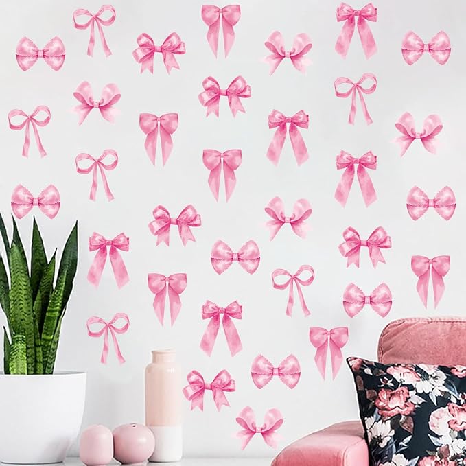 Arawat 8Sheets/48 Pcs Pink Coquette Bow Room Decor for Bathroom Women Bedroom Aesthetic Room Decor Bow wall Decoration for Bedroom Pink Bows wall Stickers Decals Peel and Stick - Image 5