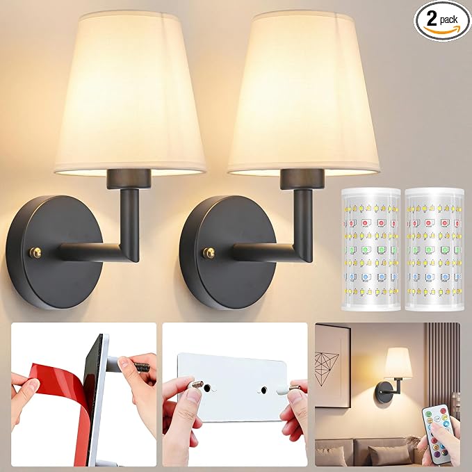Nekhung Battery Operated Wall Sconce, Peel and Stick Sconces Set of 2 | Wireless Adhesive Stick On Wall Sconce, 10000mAh Rechargeable RGB Bulb with Remote, No Drill Wall Light for Bedroom Decor by Nekhung