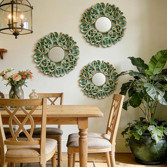 DXYAKY 3 Pack Floral Ornate Decorative Wall Mirror - Elegant Mint Green with Gold Accents, 9.8" Plastic Round Mirror Set, Lightweight Wall Art Décor for Bedroom, Bathroom, Living Room & Entryway - Image 4