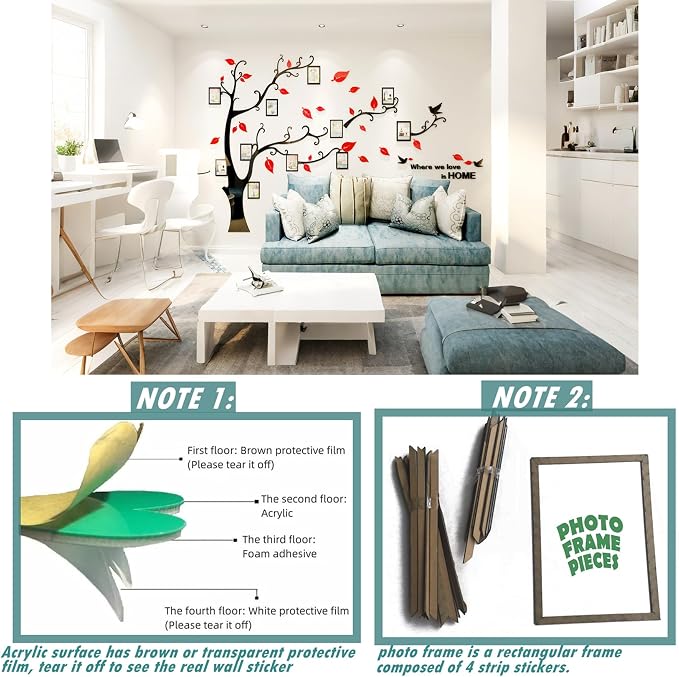 3D Tree Wall Stickers - DIY Photo Frame Tree Wall Decal Family Photo Frame Sticker Murals Wall Decor Living Room Bedroom TV Background Home Decorations (XL:109 * 79in,Red Right) - Image 5