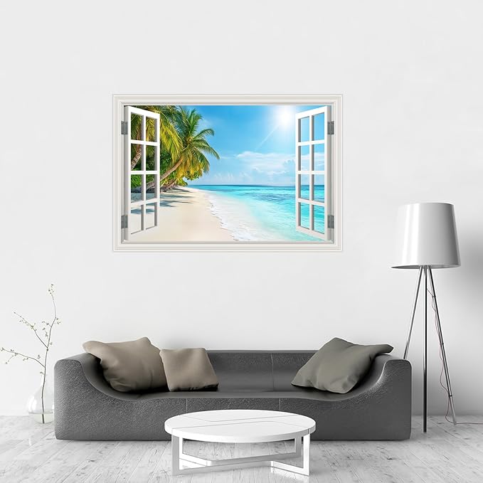 Fake Window Wall Decal- Summer Beach Ocean Tropical Coconut Tree Art Mural | Faux Window Natural Scenery Landscape Sticker｜ Stick and Peel Wall Decals｜Room Bedroom Office Decor｜48"x32",Set of 2 Sheets - Image 8
