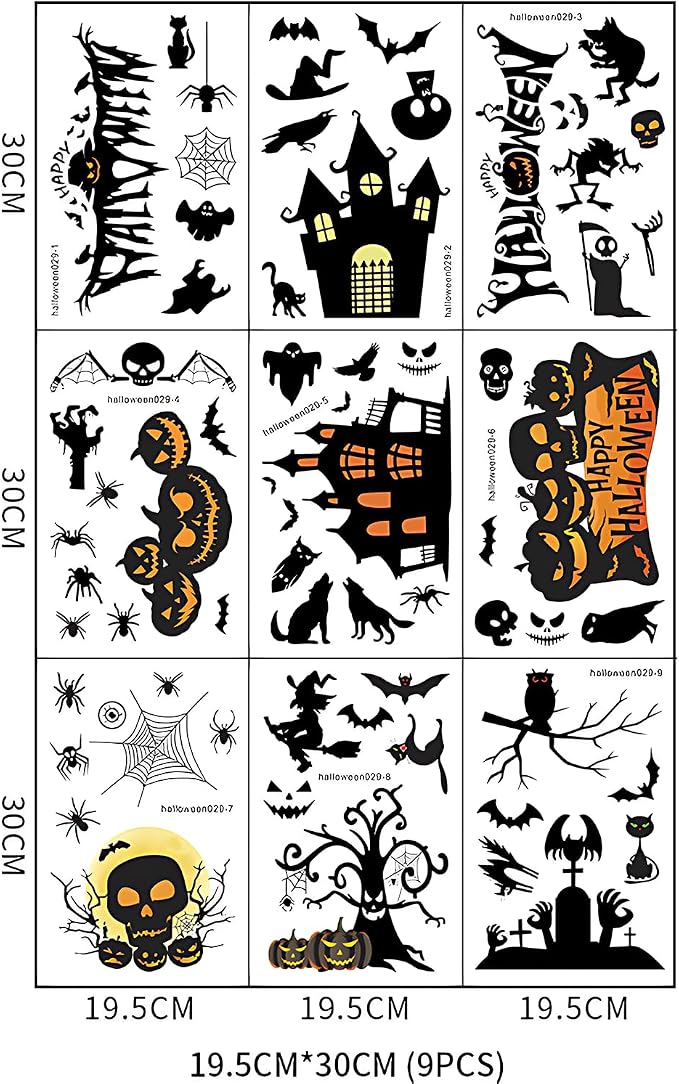 Halloween Wall Decals Stickers, Black Haunted Castle Pumpkin Skeleton Window Clings, Removable Spooky Spider Web Witch Silhouette Wall Stickers for Party Home Decor - Image 2