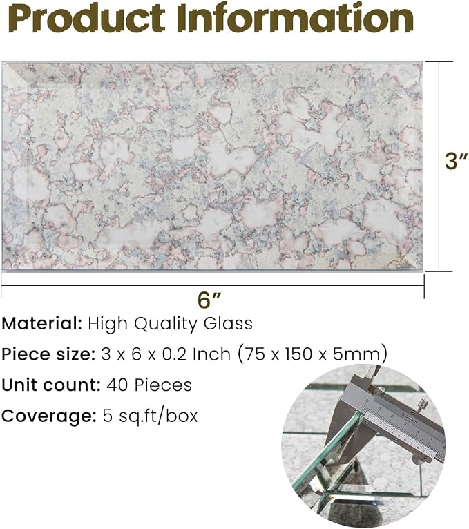 Peel and Stick Antique Mirror Subway Tile 3 x 6 Inch Beveled Mirror Tile for Kitchen Backsplash Bathroom Wall (40 Pcs) - Image 3