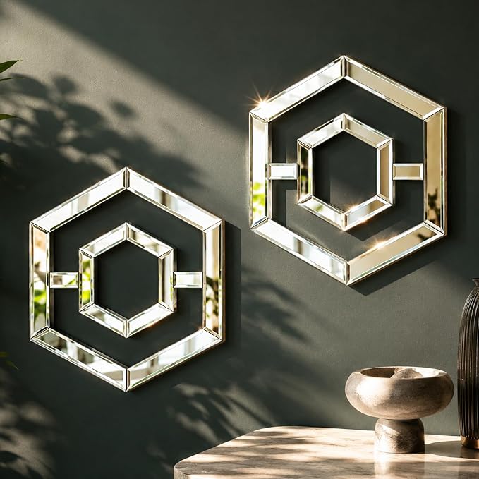 Square Decorative Wall Mirror 12 x 12 Inch, Silver Frameless Mirror Wall Decor with Beveled Edge, Modern Wall Mounted Accent Mirror for Living Room, Bedroom, Hallway, Set of 2 by OPULINEA