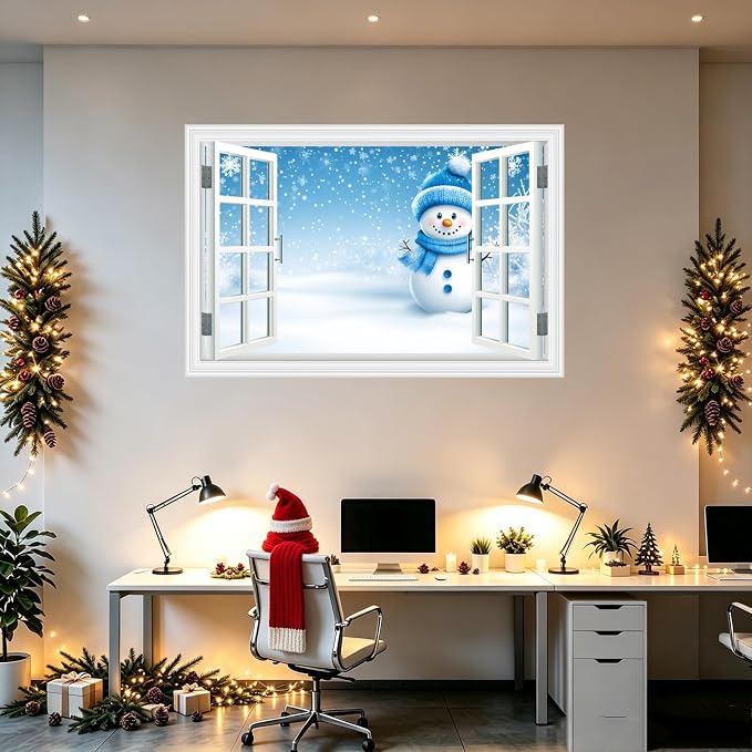 Fake Window Wall Decal- Winter Christmas Blue Snowman Snowflakes Sticker | ｜Faux Window Natural Scenery Landscape Mural ｜ Stick and Peel Wall Decal｜Room Bedroom Office Decor｜48"x32",Set of 2 Sheets - Image 3