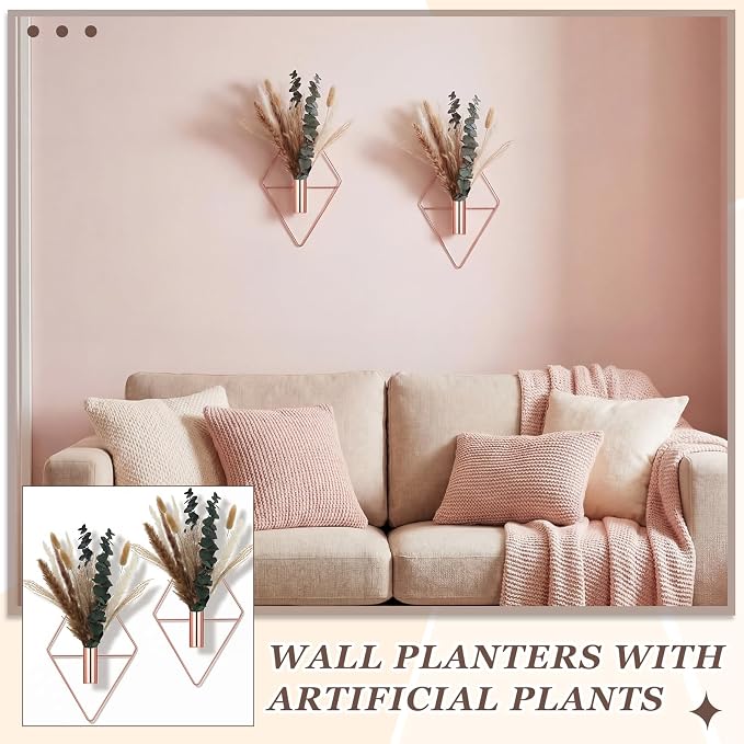 Jexine 4 Pcs Hanging Artificial Planters Wall Decor, Rose Gold, Pampas | Bathroom Wall Decor, Geometric Metal Vase, Indoor Plants, Living Room, Home Office, Entryway, Boho Accent, Wall Mounted - Image 6