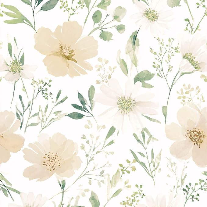 Floral Peel and Stick Wallpaper 17.7in x 118in | Watercolor flower removable self adhesive design for cottagecore bedroom accent walls by Akodm