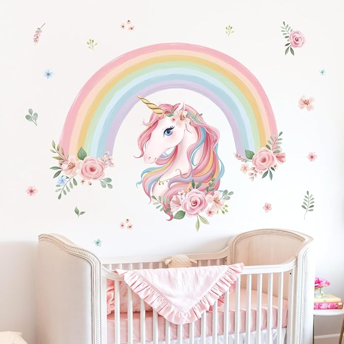 wondever Large Rainbow Wall Decals Unicorn Flower Girls Room Wall Stickers | Peel and Stick, Removable, Wall Art Decals, Wall Decoration, Kids Room, Girls Bedroom Baby Nursery Playroom Decor - Image 3