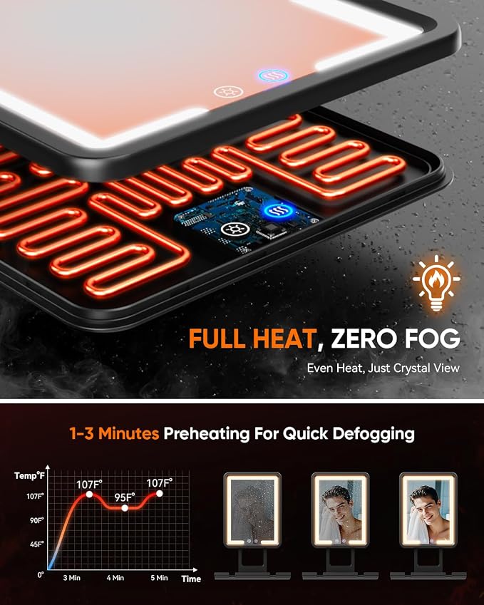Heated Shower Mirror Fogless for Shaving (Gen 3) - 3 Colors Stepless Dimmable Lights, Anti-Fog Shaving Mirror with Razor Holder, No-Drilling, Removable - Black - Image 4