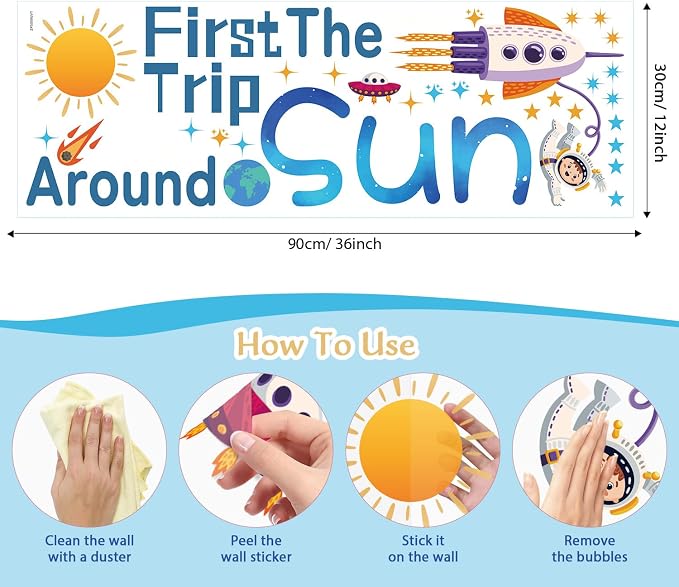 LHIUEM First Trip Around The Sun Birthday Stickers Astronaut Rocket Outer Space Murals for Baby Boy Shower 1ST Trip Around The Sun Decals Blue Planets Theme Birthday Wall Decor for Party Arch Backdrop - Image 7