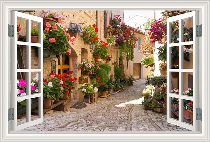 Fake Window Wall Decals Spring Italy Rose Alley Flower Wall Art Sticker | ｜Faux Window Natural Scenery Landscape Mural ｜ Stick and Peel Wall Decal｜Room Bedroom Office Decor｜Large Murals 66"x48" by Clickhere