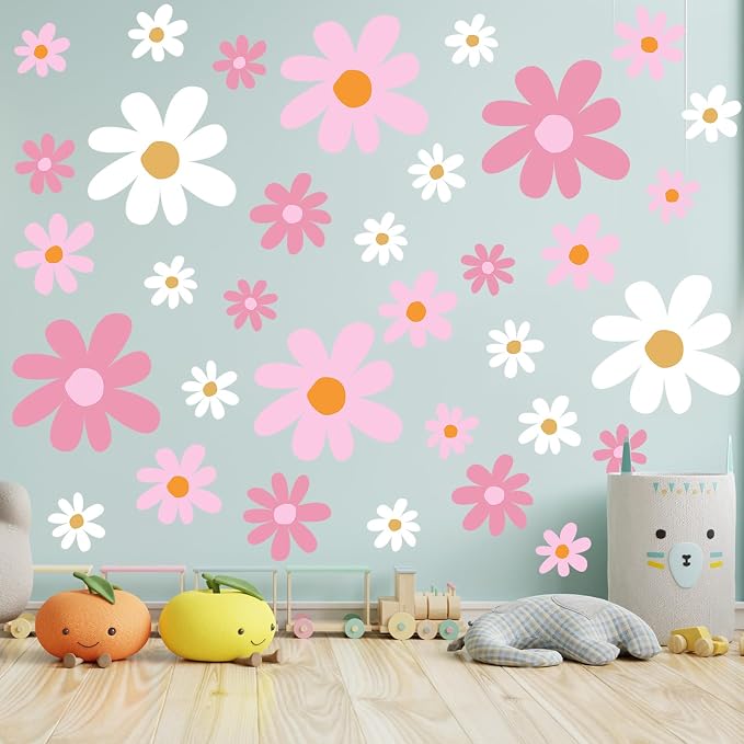 TaoBary 12 Sheet Daisy Wall Sticker Decals Pink White Flower Wall Stickers | Large Flower Wall Decals, Big Floral Decal, Daisy Bedroom Room Decor, Removable Peel and Stick, Nursery Home Wall Decor - Image 4