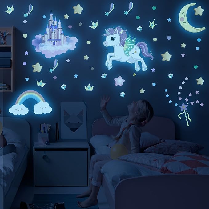Glow in The Dark Stars and Unicorn Wall Decals, Glowing Castle Moon and Rainbow Stickers, 174 pcs Luminous Ceiling Decor for Kids Bedroom, Decoration for Girls and Boys Room (Blue) - Image 3