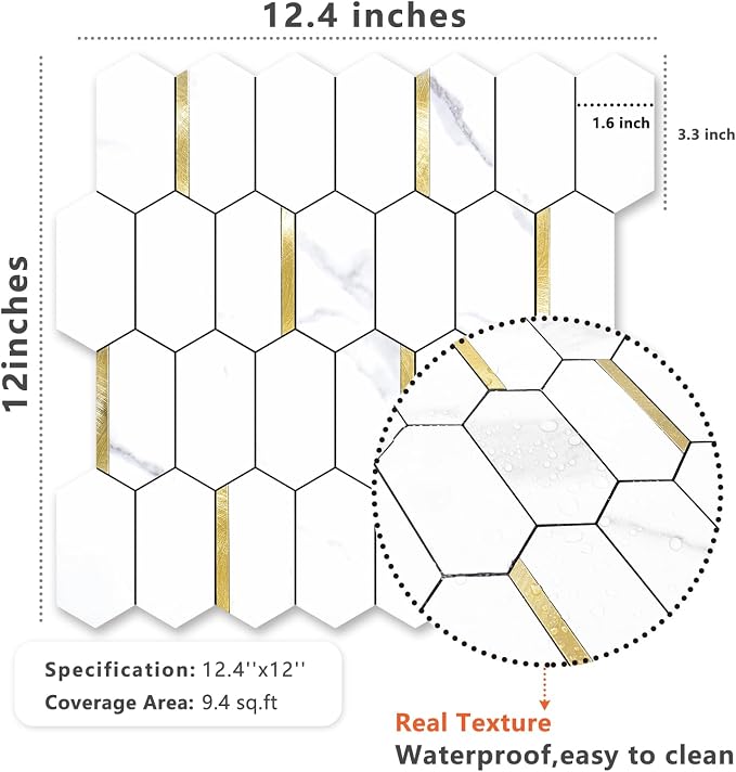 Vamos Tile Long Hexagon Peel and Stick Backsplash Tile - 10 Sheets Stick on Backsplash for Kitchen and Bathroom 12.4 x 12 Inch White Marble Look PVC Mixed Metal Gold Self Adhesive Mosaic Wall Tiles - Image 7