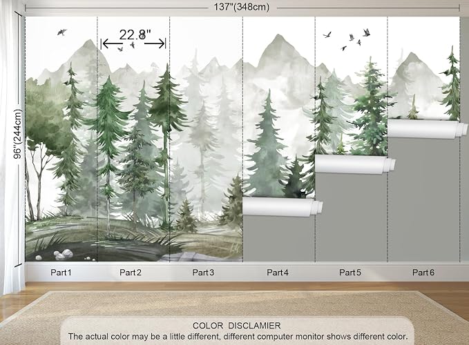 Nursery Forest Peel and Stick Wallpaper Green Landscape Wall Mural | 137"x96", Self Adhesive Canvas, for Bedroom Living Room Bathroom, Seamless, No overlapping - Image 4