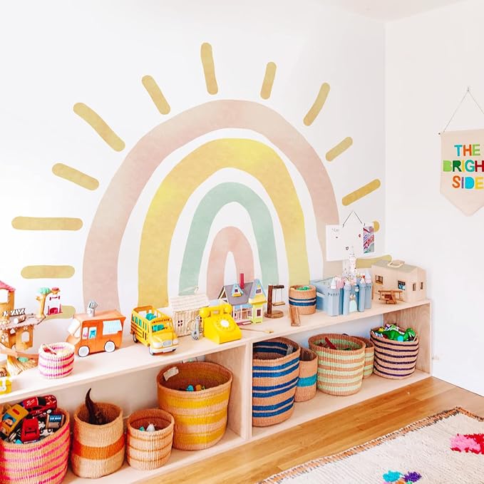 Extra Large Pastel Boho Rainbow Mural for Nursery and Classroom | 94.49" x 62.60" Calming Watercolor Texture Fabric Decal, Peel and Stick Huge Rainbow Wall Mural for Kids Room and Classroom - Image 5