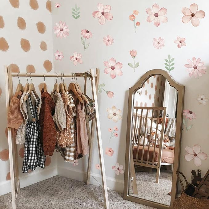 Boho Flower Wall Decals，Pink Watercolor Flower Art，Wildflower Wall Decals，Girls Bedroom Removable Sticker，Nursery Kids Room Decor Vinyl Murals DIY Cute Decorations - Image 4