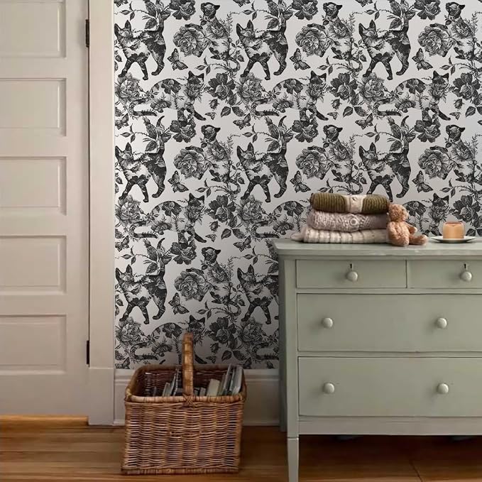 MuralPeel Black White Vintage Floral Cat Animals Butterfly Peel and Stick Wallpaper Self Adhesive Removable Easy Peel Off Contact Paper Stick on Wall Paper for Bedroom Cabinet Renter Friendly - Image 3