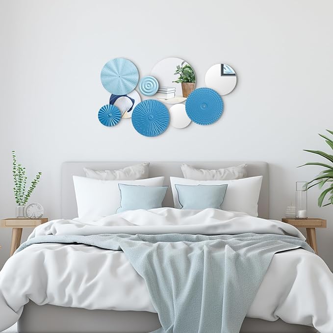 Blulu 9 Pcs Blue Mirror Wall Decor Metal Round Home Art Decor Decorative Modern Circle Mirror Wall Art Sculpture Hanging Decorations for Home Living Room Office - Image 6