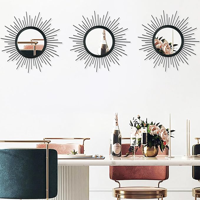 3 Pack Metal Mirrors for Wall Sunburst Wall Mirrors Home Décor Decorative Hanging Wall Art for Living Room Bedroom Entryway (Black, Sunburst) - Image 2