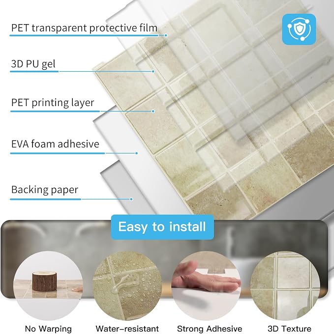 Art3d Grid Design Peel and Stick Backsplash, 10-Pack, 12 x 12 in, Khaki | Enhanced Thickness, Strong Adhesion, Moisture Resistant, Long-Lasting, Minimalist Look, DIY Friendly, for Kitchen Countertops - Image 5