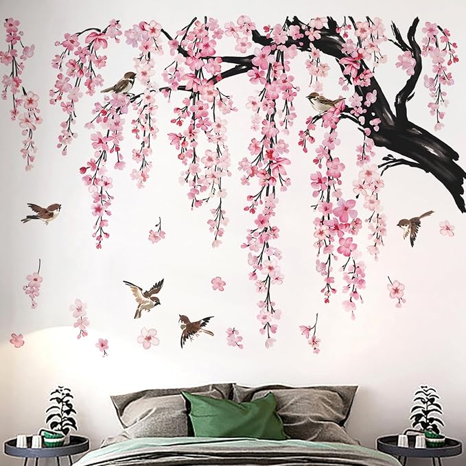 Cherry Blossom Tree Branch Wall Decals, Pink Flower with Birds Wall Sticker | 4 Sheets Wall Decoration Removable Peel and Stick Wallpaper Large Tree Floral Mural for Living Room Girls Bedroom Decor - Image 3