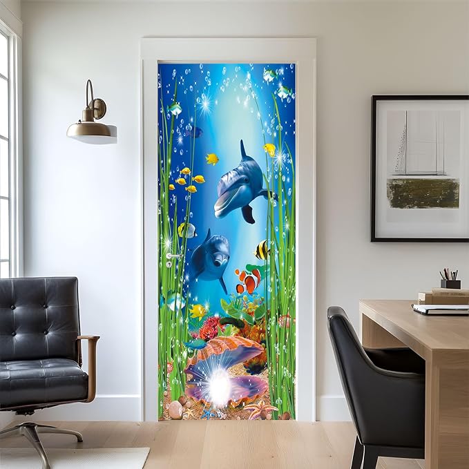 artfanke 3D Peel and Stick Door Sticker 30.3"x78.7"- Self-Adhesive Door Wallpaper Murals Decal-Dolphin Shell Undersea World Wall Poster for Home Decor (2 Sheets/Set) - Image 4