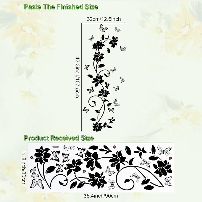 Black Flower Wall Stickers, Vines & Butterfly Wall Decals Peel and Stick | Removable Art Decoration for Bathroom Living Room Bedroom Door Murals - Image 2