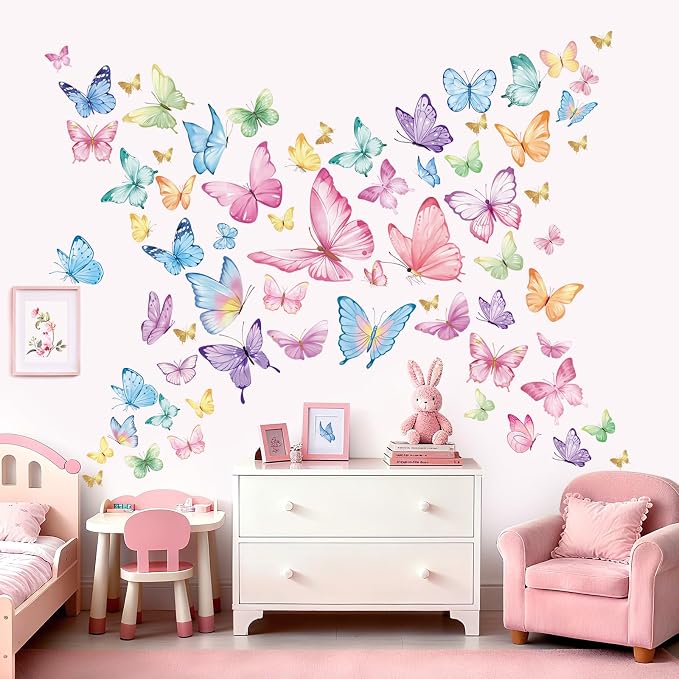 wondever Watercolor Butterfly Wall Decals Pink Butterflies Wall Stickers | Peel and Stick, Removable, Wall Art Decals, Wall Decoration, Kids Room, Girls Bedroom Baby Nursery Playroom Decor - Image 2