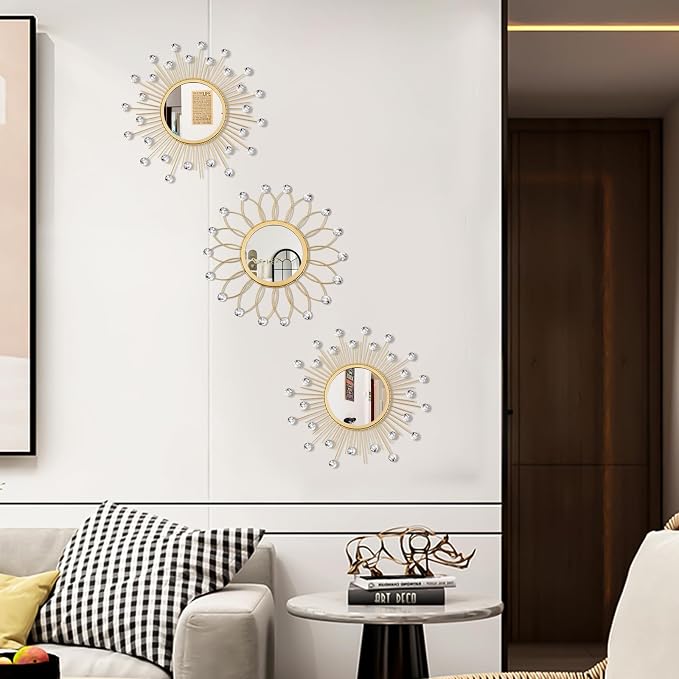 3 Pack Metal Mirrors for Wall Sunburst Wall Mirrors Home Décor Decorative Hanging Wall Art for Living Room Bedroom Entryway (Gold Crystal, Flower+Sunburst) - Image 4
