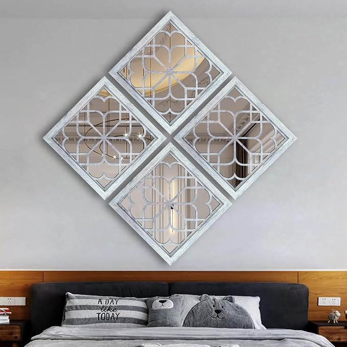 Wocred Set of 4 Mirrors Square Wall Mirror,Gorgeous Rustic Farmhouse Accent Mirror,Rustic White Color Entry Mirror for Bathroom Renovation,Bedrooms,Living Rooms and More(12”x12”4pcs) - Image 3
