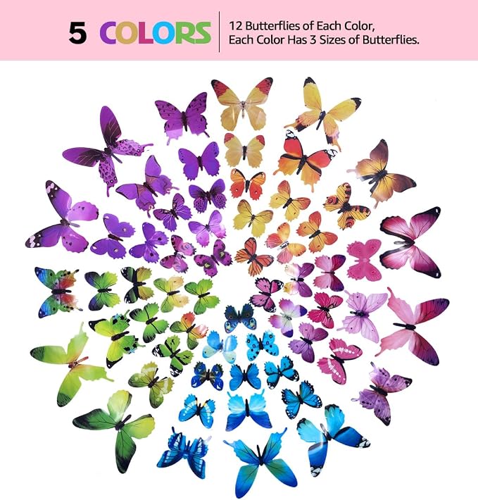 Butterfly Wall Stickers - 60 pcs 3D Butterflies Removable Mural Wall Stickers for Home Room Bedroom Decorations - Image 2