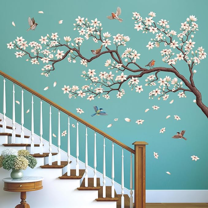 DECOWALL Large Cherry Blossom Tree Wall Stickers Decals Wall Art (SG4-2317) | Peel and stick, removable, large white flowers, birds, falling petals; elegant decor for bedroom, living room, nursery walls. - Image 3