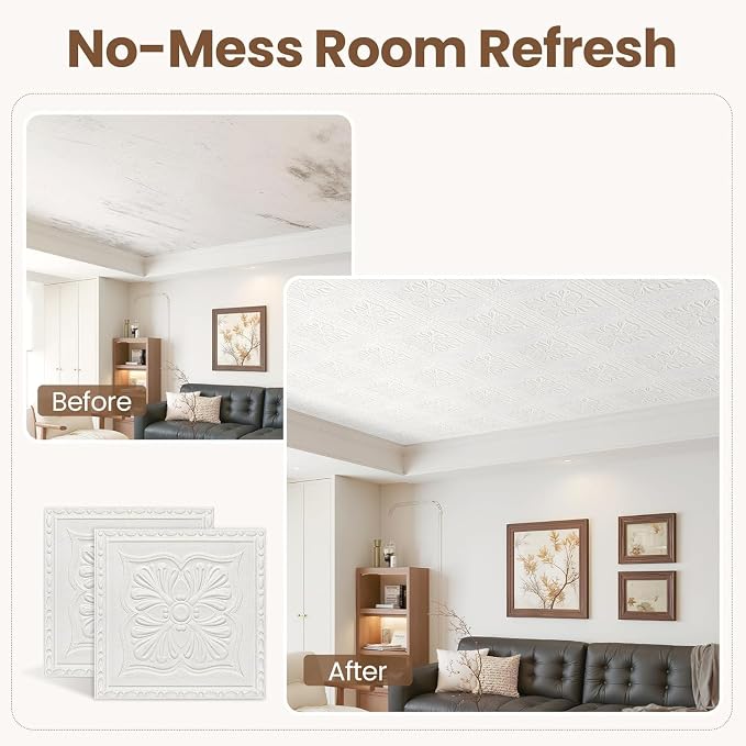 Ceiling Tiles Peel and Stick, 32 Pcs Ceiling Tiles Foam | Covered 42 Sq.Ft, Easy to Install and Cut for Ceil and Interior Wall Decor, Plain White（13.8 x 13.8 inch） - Image 4