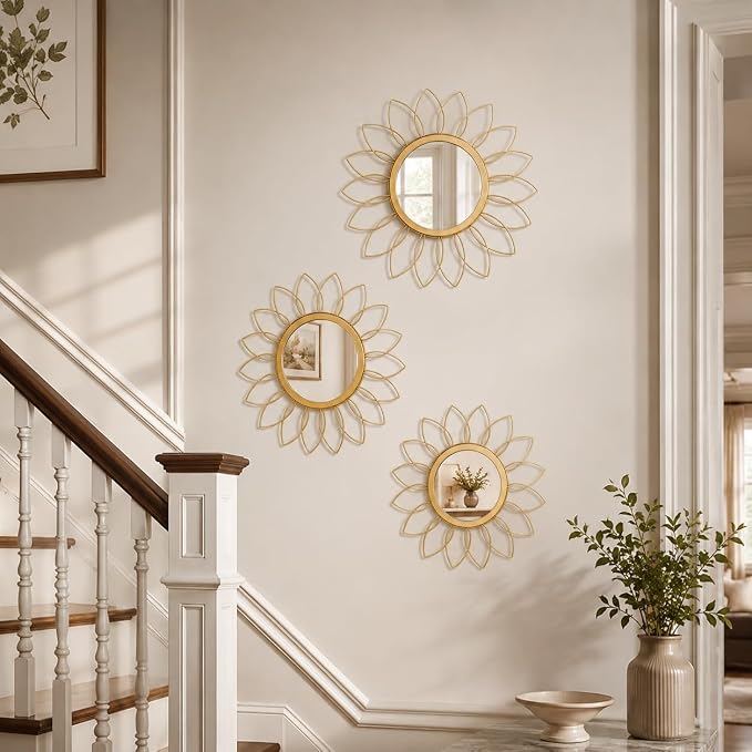 Gold Flower Mirror Set of 3, 3PCS Metal Round Decorative Wall Mirrors, Floral Petal Accent Mirror Wall Decor for Living Room, Bedroom, Entryway & Bathroom - Image 5