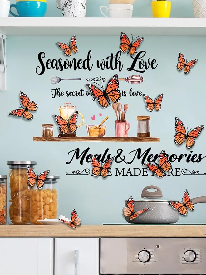 3D Butterfly Coffee Bar Wall Stickers Decal - DIY Kitchen Quotes Love Decor Peel & Stick Removable Wall Art Decoration Vinyl for Dining Room Kitchen Decor,43 cm x 48 cm - Image 5