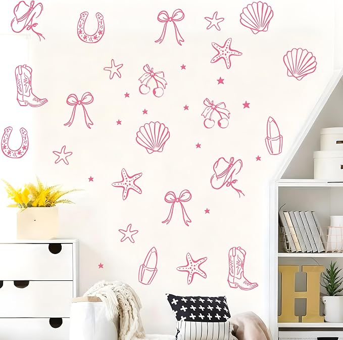 Seaside Cowgirl Wall Decals, Peel and Stick Under the Sea Coastal Cowgirl Mural, Western Beach Wall Stickers for Kids, Boys and Girls Room & Nursery Decor ((Pink Cowgirl Bow Wall Decals) - Image 6