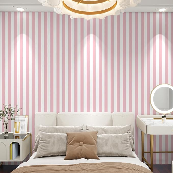 Pink and White Striped Wallpaper Peel and Stick Wallpaper Self-Adhesive Removable Waterproof Wall Paper for Walls Modern Vinyl Film 17.3”x300” - Image 9
