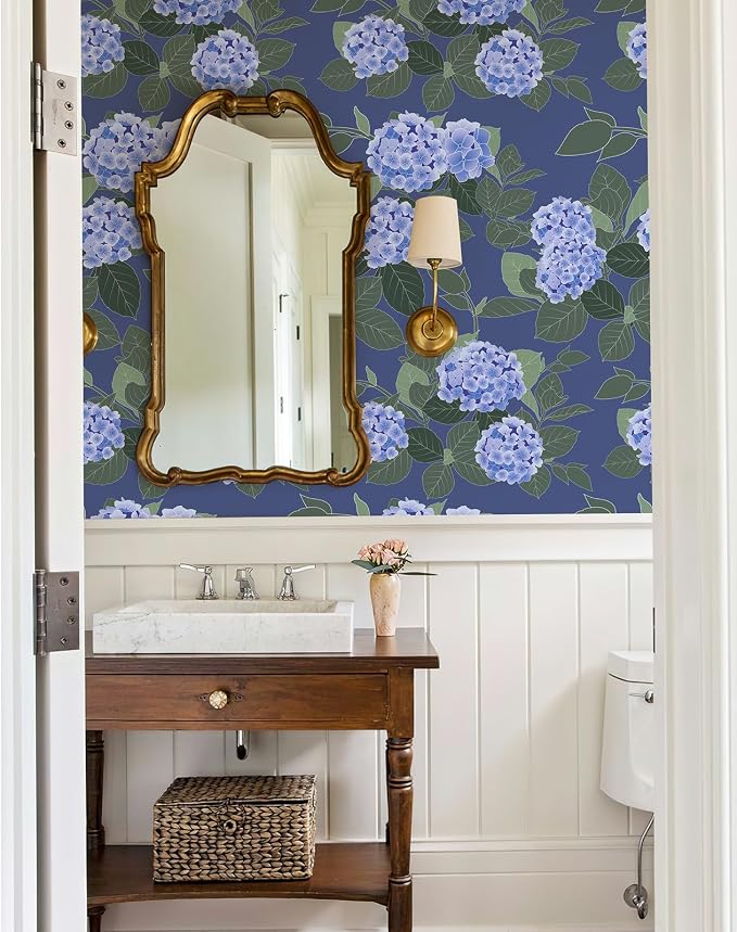 Floral Peel and Stick Wallpaper Self Adhesive Hydrangea Wall Paper French Country Cream Stick on Wallpaper for Bedroom Wall Decor Elegant Mural (Navy Hydrangea, 118" X 17.4") - Image 5