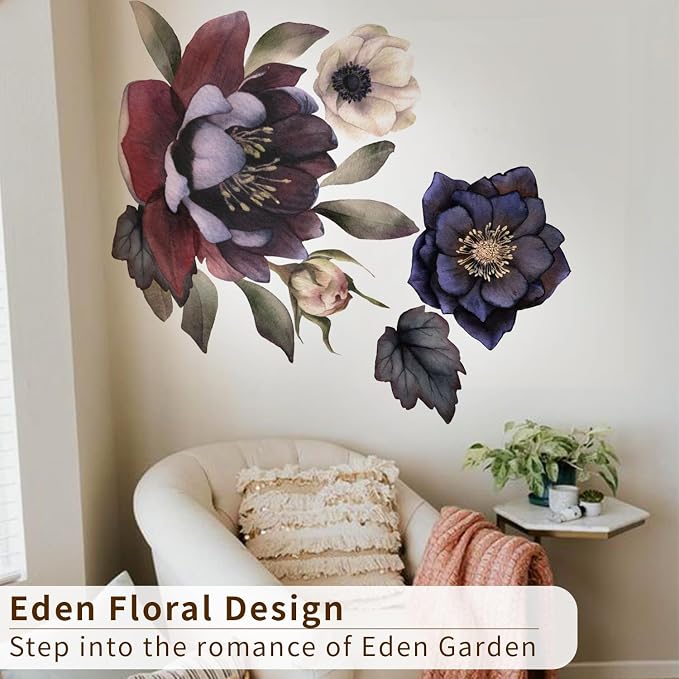 Fabric Peel and Stick Floral Wall Decal, Self-Adhesive Peony Flowers Wallpaper, Rose Sticker for Living Room Bedroom Wall Decor, Eden Garden B-3 PCs - Image 4