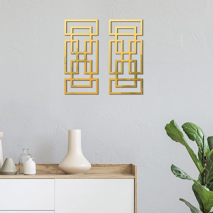 2 Piece Gold Rectangular Wall Mirrors, 15.7×7 Inch Geometric Wooden Frame Acrylic Wall-Mounted Modern Mirror Decor for Bathroom Bedroom Living Room Office Farmhouse Home Decorations - Image 4