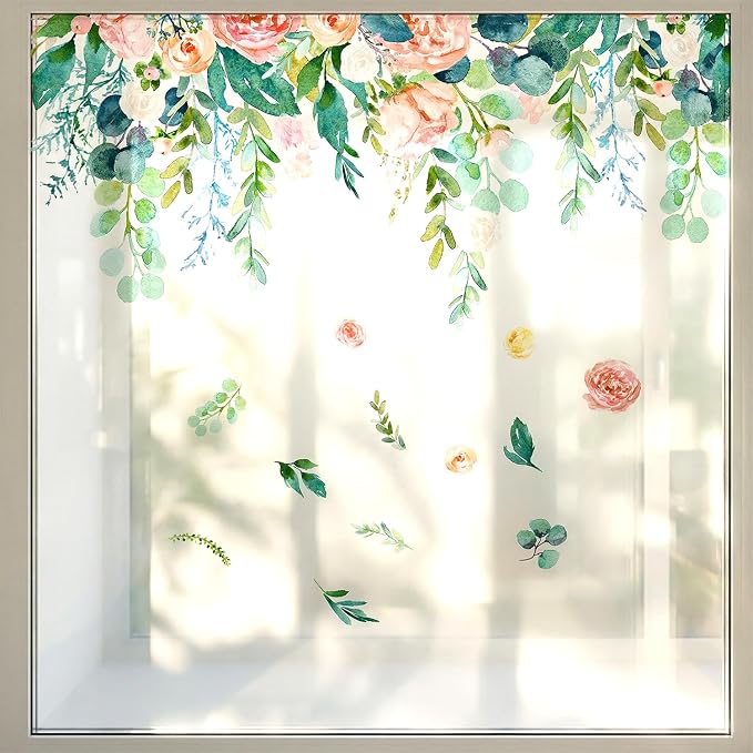 Hanging Floral Flower Wall Decals, Hanging Rose Eucalyptus Wall Stickers | Boho watercolor blush pink rose peel and stick wall decor, removable vinyl wall art mural for bedroom living room - Image 4