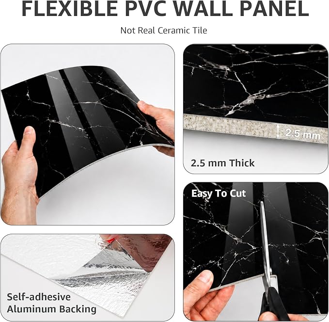 WADILE 20PC Waterproof Peel and Stick Wall Panels 11.8 x 11.8 Black | Marble look, Self adhesive, PVC Panels, Lightweight Foam Wall Panels, Bathroom, Kitchen, Not Real Tile - Image 9