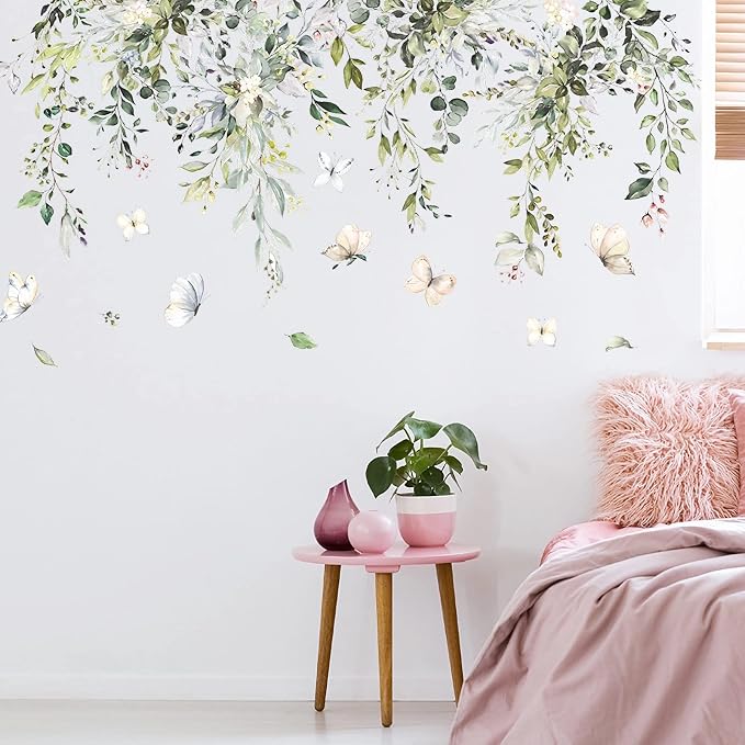 Supzone Hanging Green Leaves Wall Decals - Watercolor Plants Stickers, Large Floral Butterfly Decor, DIY Vinyl Mural Art for Bedroom, Living Room, Offices, Sofa, TV Backdrop - Image 5