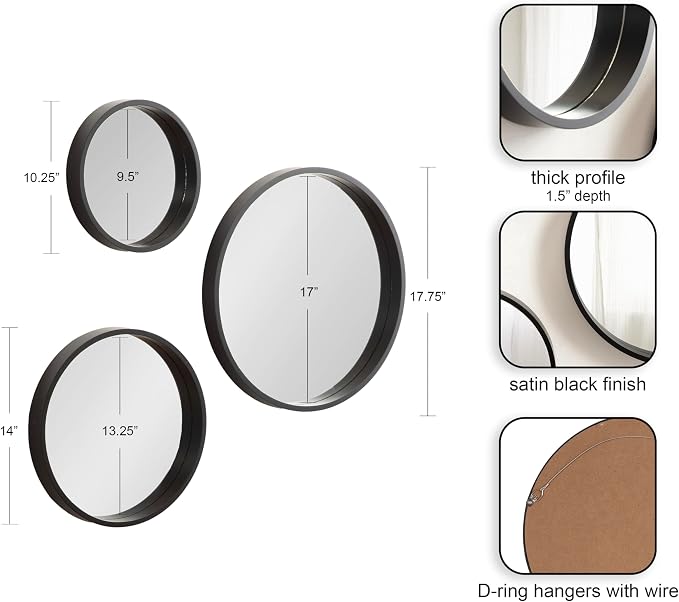 Kate and Laurel Travis Modern Round Wall Mirror Set; Set of 3; Varying Sizes; Black; Decorative Three-Piece Circle Mirror Set for Use as Bathroom Mirror Decor or Gallery Wall Mirrors - Image 2