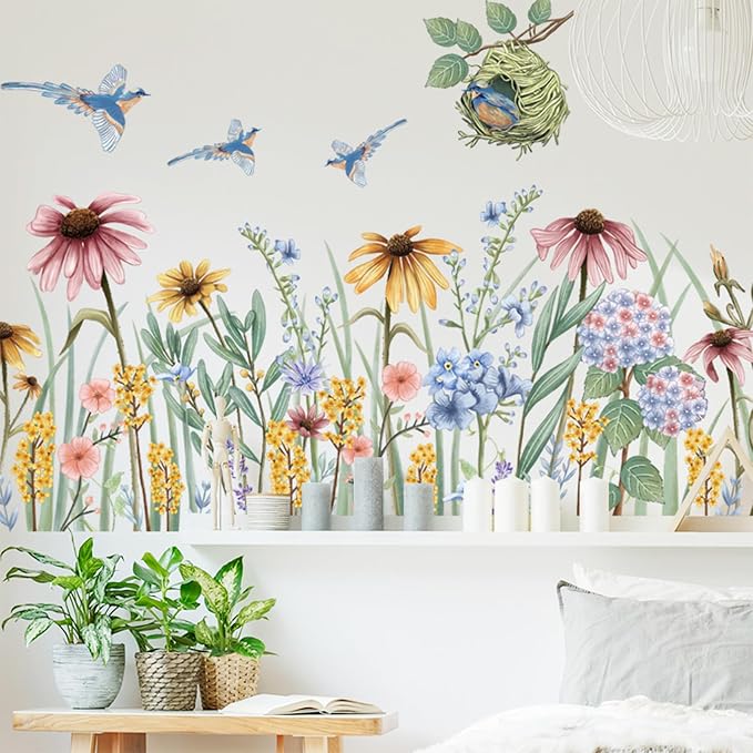 Wildflower Grass Daisy Wall Decals, Garden Floral Birds Flower Wall Stickers, Self-Adhesive Vinyl Wall Art Stickers for Girls Bedroom Living Room Nursery Decor - Image 4